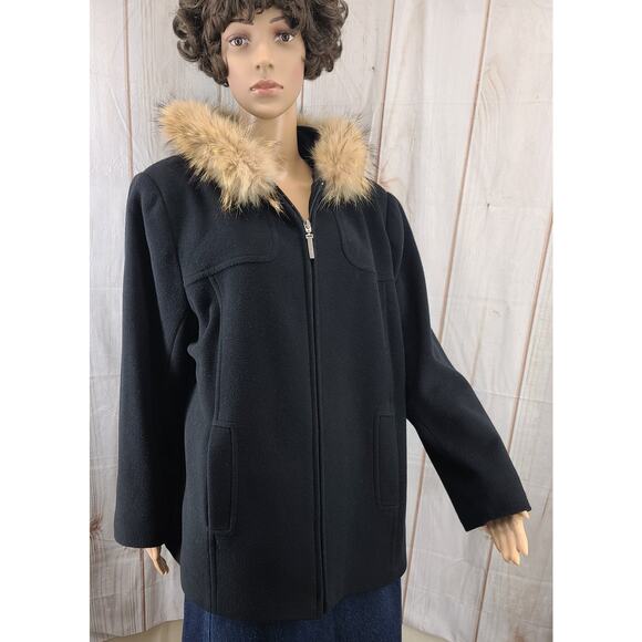 PRESTON & YORK Petite Women 1X Wool Black Coat Racoon Fur Trim Hoodie Zip Close - Picture 1 of 10